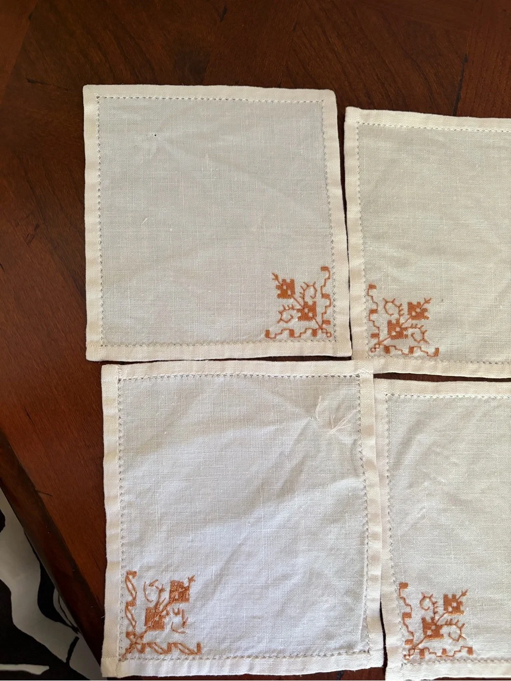Set of 6 Off White Linen Cocktail Napkins Embroidered Corner